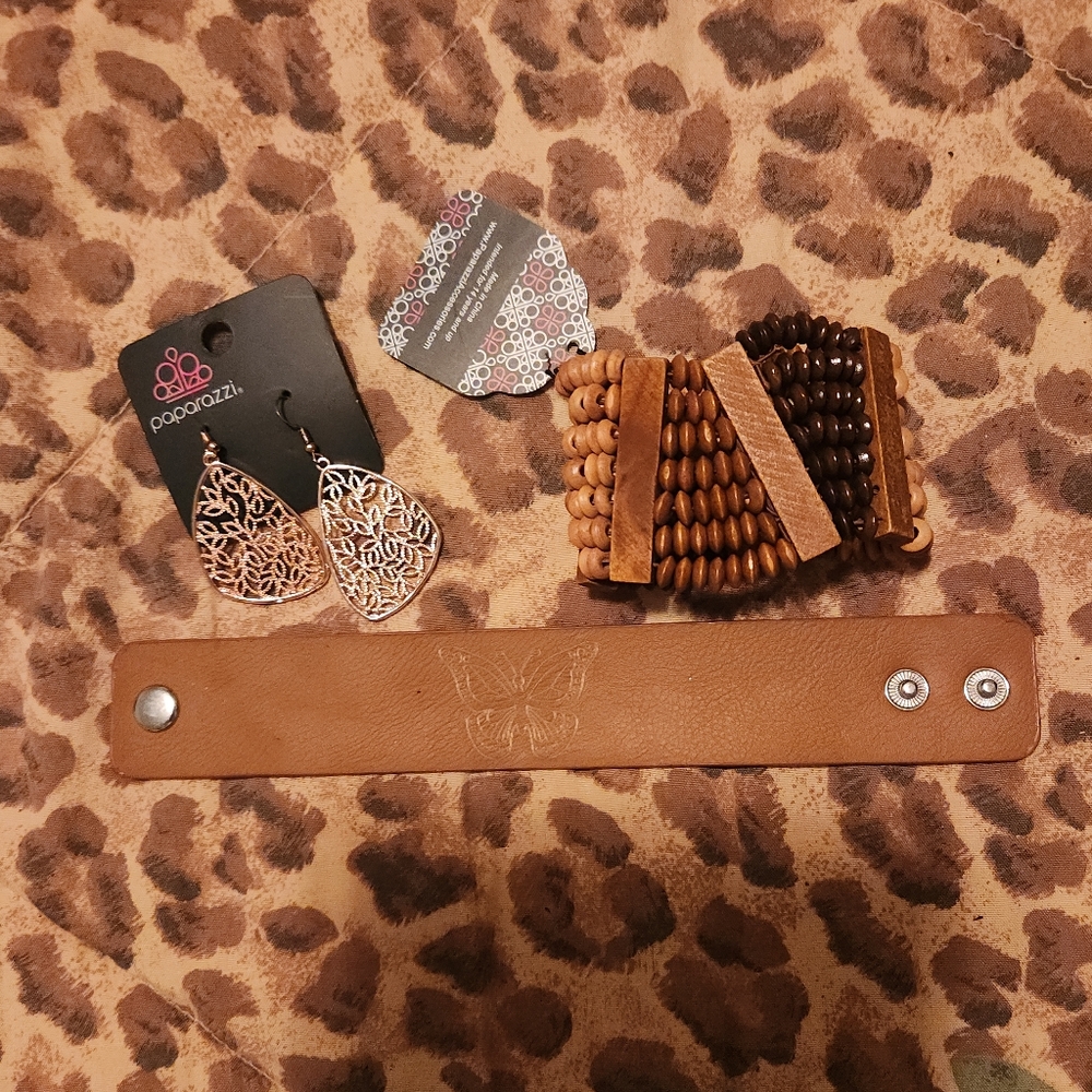 Rose Gold Filigree Earrings, Snap Bracelet Buttertly And Wooden Beaded Bracelet